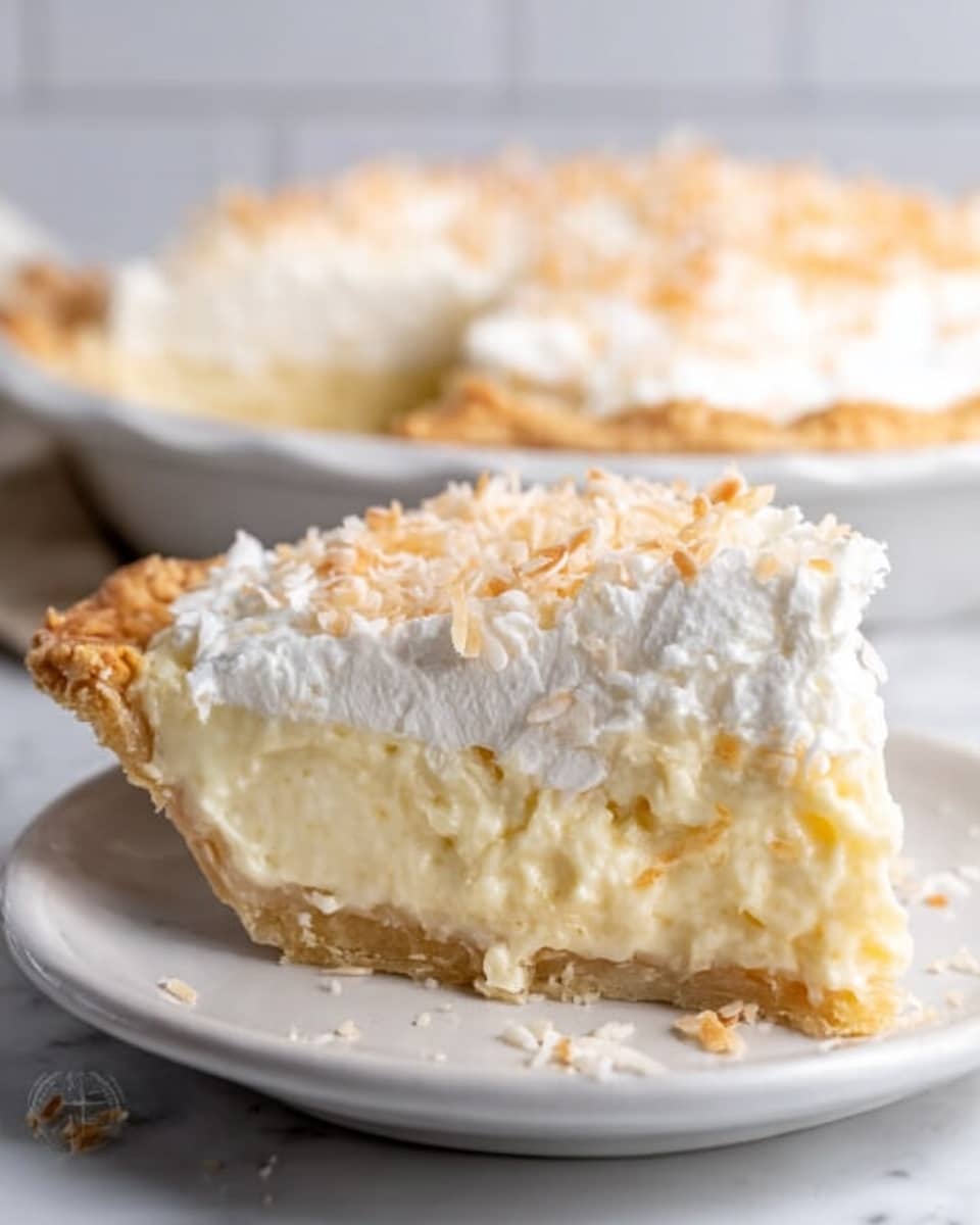 The image shows a close-up slice of coconut cream pie on a white plate, with a thick crust that is golden brown and flaky at the bottom. Above the crust is a pale yellow creamy layer of custard, topped with a fluffy white layer of whipped cream sprinkled with shredded coconut. In the background, there is a white pie dish holding the remaining pie, all placed on a white marbled surface. Photo taken with an iphone --ar 4:5 --v 7