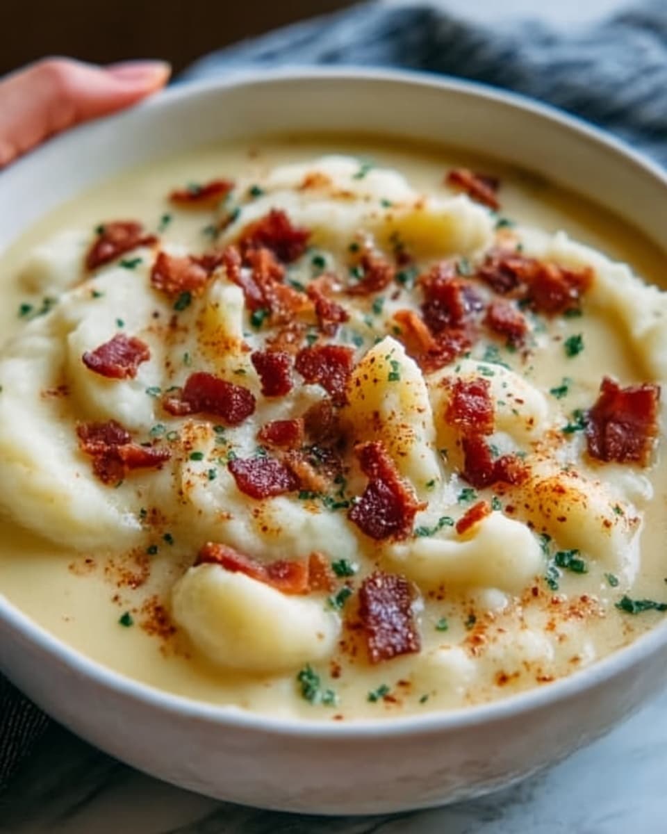 A close-up image of a bowl of creamy gnocchi soup served in a white bowl, filled with soft, plump gnocchi pieces coated in a smooth, thick creamy white sauce. On top, there are small crispy pieces of reddish-brown bacon sprinkled evenly, along with a light sprinkle of finely chopped green herbs and a few small bits of orange cheese melted slightly into the sauce. The soup looks warm and inviting, with a gentle shine on the sauce and a soft texture to the gnocchi, all set on a white marbled surface. Photo taken with an iphone --ar 4:5 --v 7