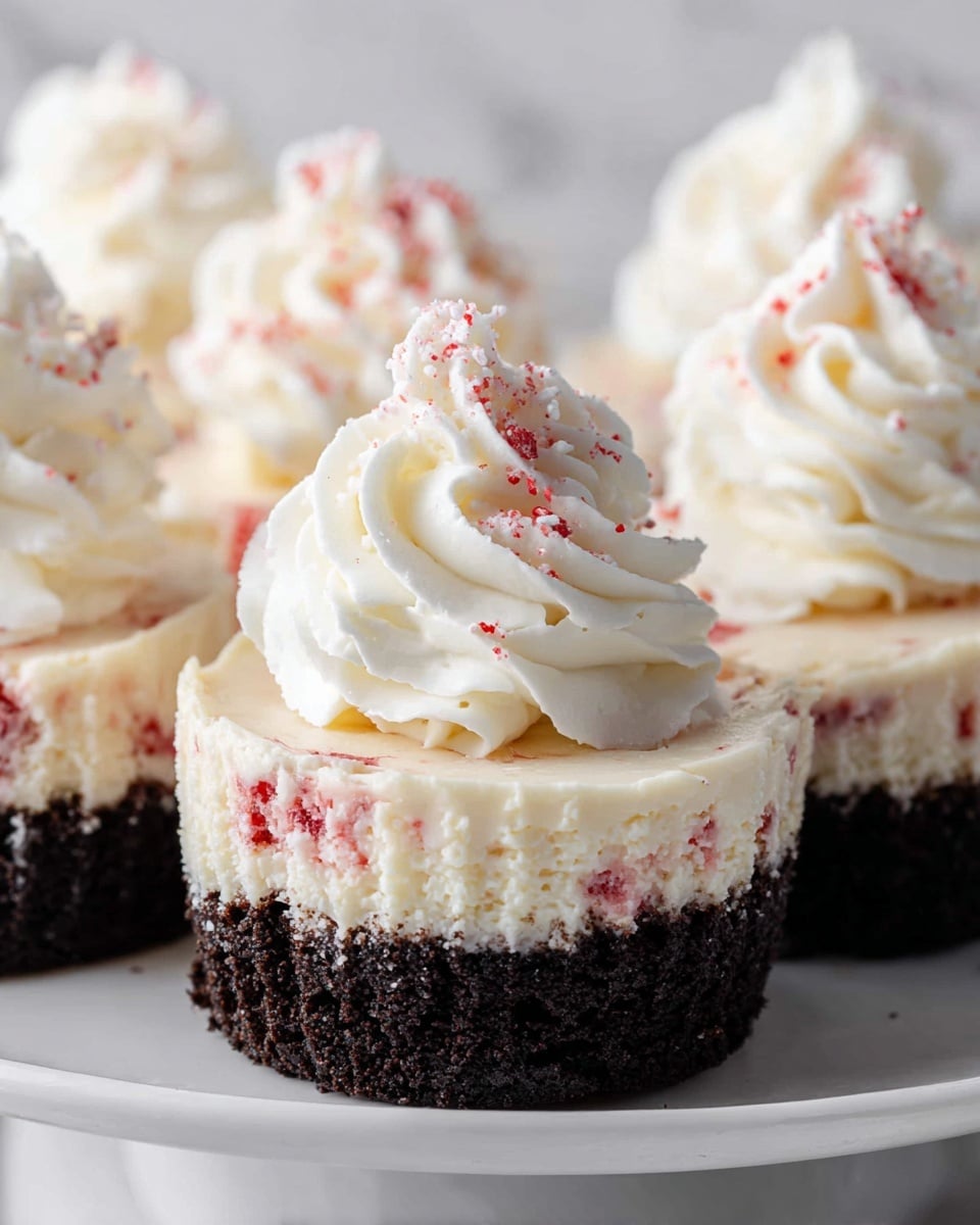 The image shows small cupcakes with two main layers: a dark, crumbly base at the bottom and a thick, creamy white middle layer with small red specks mixed in. On top of each cupcake, there is a generous swirl of white whipped cream that is softly textured and dusted lightly with tiny red crumbs, giving a hint of color. These cupcakes are placed on a white plate set against a white marbled background. Photo taken with an iphone --ar 4:5 --v 7