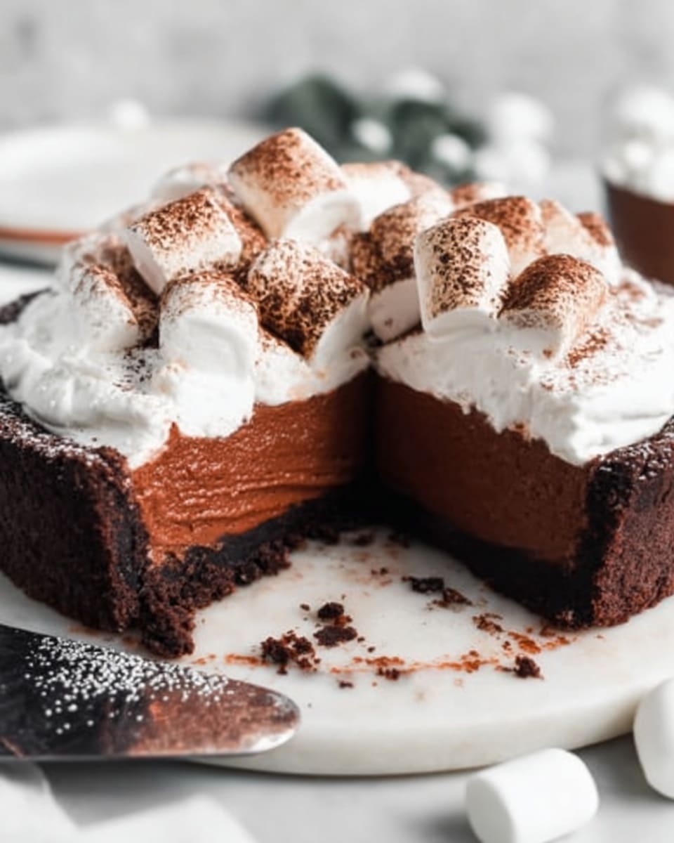 The image shows a round cake with a dark brown crumb crust forming the bottom and sides. Inside, there are two visible layers: a smooth chocolate mousse layer filling most of the cake, topped with a thick white cream layer. The top of the cake is decorated with several white marshmallows dusted with cocoa powder, scattered unevenly. A cake slice has been removed, revealing the clean layers inside, and a cake server lies beside it on a white marbled surface. In the background, there is a blurred bowl of marshmallows. Photo taken with an iphone --ar 4:5 --v 7