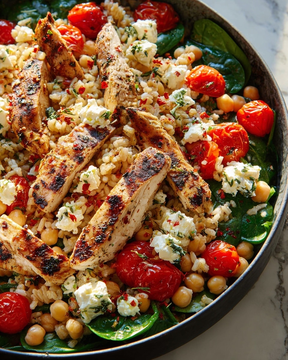 A close-up of a cooked dish in a white pan showing multiple layers: the bottom layer is a bed of white rice mixed with pale yellow chickpeas and dark green wilted spinach leaves; scattered on top are bright red halved cherry tomatoes and white crumbled feta cheese with green herb bits; the top layer consists of golden-brown grilled chicken strips seasoned with herbs and spices, all sprinkled with small red chili flakes and finely chopped herbs, creating a colorful, textured mix on a white marbled surface. photo taken with an iphone --ar 4:5 --v 7