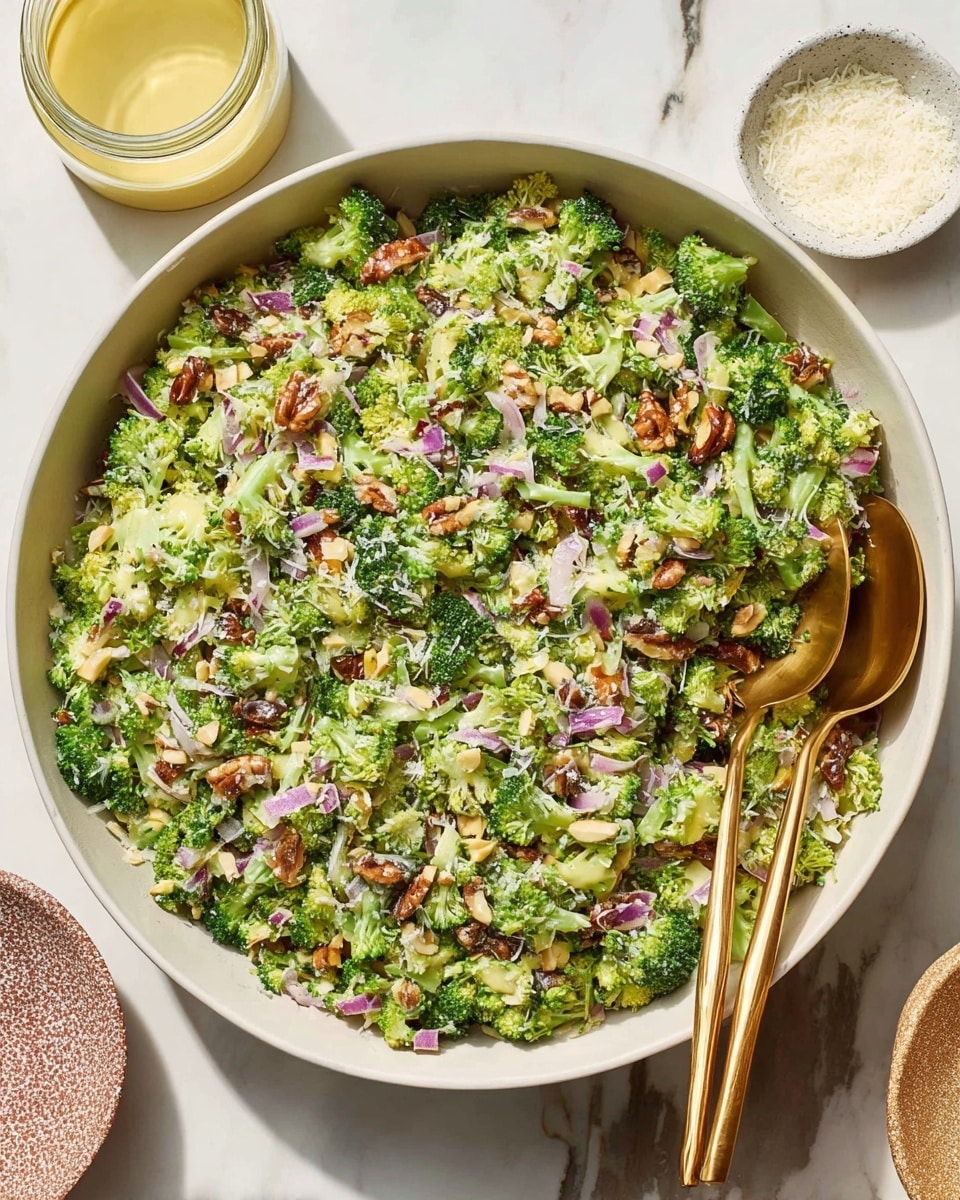 A large white bowl filled with a finely chopped salad mainly in light green and darker green shades, speckled with small pieces of purple onion and brown nuts, all mixed evenly. The texture looks fresh and slightly crunchy with some creamy yellow dressing drizzled on top. Inside the bowl, there are two golden serving spoons resting together on the right side. Surrounding the bowl, on a white marbled surface, are a small jar with more dressing and a white bowl holding grated cheese. The overall look is fresh, colorful, and inviting. photo taken with an iphone --ar 4:5 --v 7