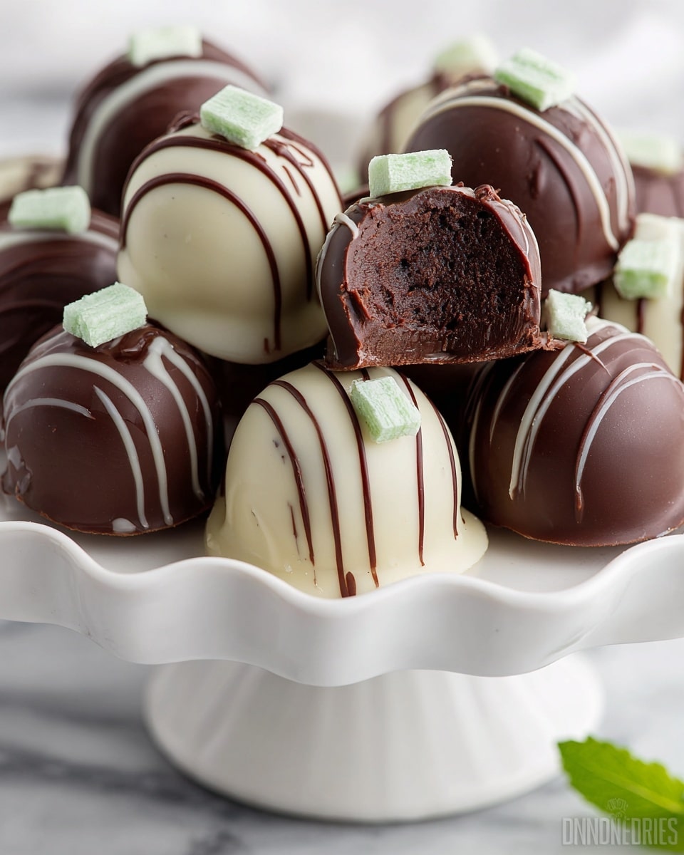 A group of round chocolate truffles sits on a white wavy-edged cake stand with a white marbled background; the truffles have two main types: a smooth dark brown chocolate outer layer and a white chocolate outer layer with thin dark brown chocolate drizzle; some of the white truffles are topped with small, square pieces of layered mint and chocolate candy. One dark brown truffle is cut in half, showing a rich, smooth, darker chocolate filling inside. A fresh small green mint leaf sits at the edge of the stand. photo taken with an iphone --ar 4:5 --v 7