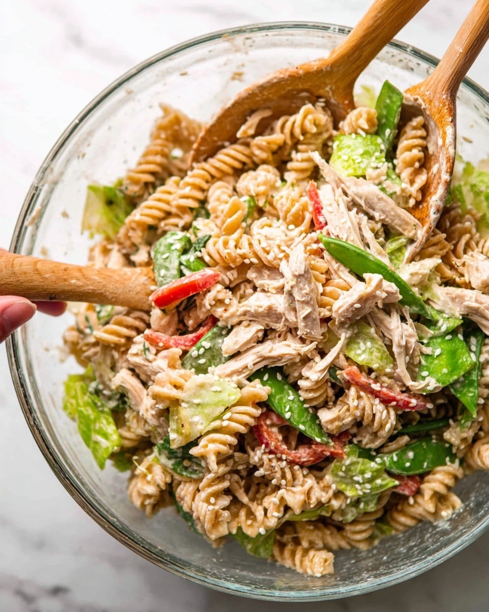 This image shows a close-up of a mixed pasta salad in a clear glass bowl placed on a white marbled surface. The salad has many layers: twisted rotini pasta and thin spaghetti that are light golden in color, shredded chicken pieces in off-white, bright green snap peas, thin orange carrot strips, small red bell pepper pieces, and some light green lettuce leaves. The salad is coated with a creamy sauce and sprinkled with white sesame seeds. Two wooden spoons are lifting part of the salad, showing its texture and mix of colors. Photo taken with an iphone --ar 4:5 --v 7
