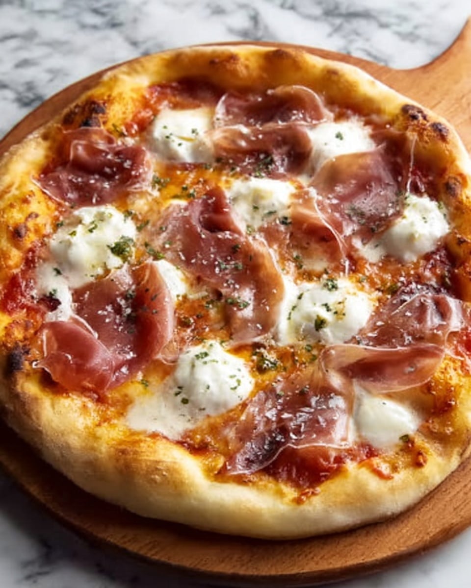 The image shows a round pizza on a wooden board, with a golden-brown crust that is fluffy and slightly puffed. The pizza has a base layer of melted cheese that looks creamy and stretchy, topped with thin slices of pinkish-brown cured meat spread evenly around. On top of the meat, there are several dollops of white soft cheese, slightly melted and smooth. Small green herb sprinkles are scattered over the pizza, adding a touch of color. In the background, a woman's hand is reaching towards the pizza, and the surface underneath is a white marbled texture. photo taken with an iphone --ar 4:5 --v 7