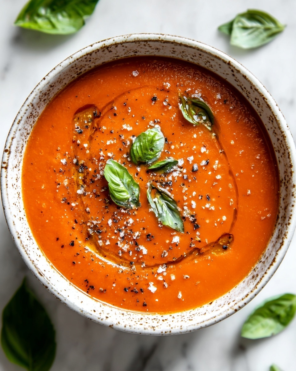 A white speckled bowl filled with smooth, thick bright orange soup, swirled lightly on top. The soup is garnished with small basil leaves in the center, sprinkled with coarse black pepper and white salt crystals, and drizzled with a thin layer of golden olive oil. Around the bowl are a few loose green basil leaves on a white marbled texture surface. Photo taken with an iphone --ar 4:5 --v 7
