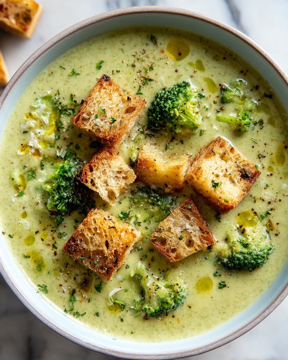 A bowl filled with creamy green soup, speckled with small pieces of broccoli and bright green herbs. On top, there are golden brown croutons with a crispy texture, some showing melted cheese inside with a light yellow color. The soup surface has a few droplets of olive oil and a sprinkle of black pepper scattered across it. The bowl is white with a subtle cracked pattern, set on a white marbled texture. photo taken with an iphone --ar 4:5 --v 7