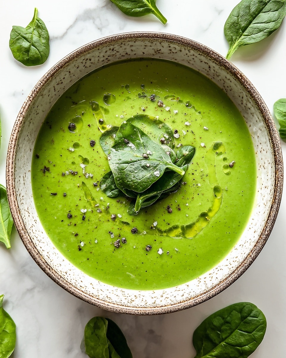A bowl filled with a smooth, bright green spinach soup sits on a white marbled surface. The soup has a creamy texture with small pieces of spinach mixed in. On top, there is a small cluster of fresh spinach leaves placed in the center. The surface is sprinkled with coarse black pepper and a light dusting of salt. A drizzle of olive oil creates small shiny droplets on the soup’s surface. The bowl itself is white with a speckled brown rim. Photo taken with an iphone --ar 4:5 --v 7