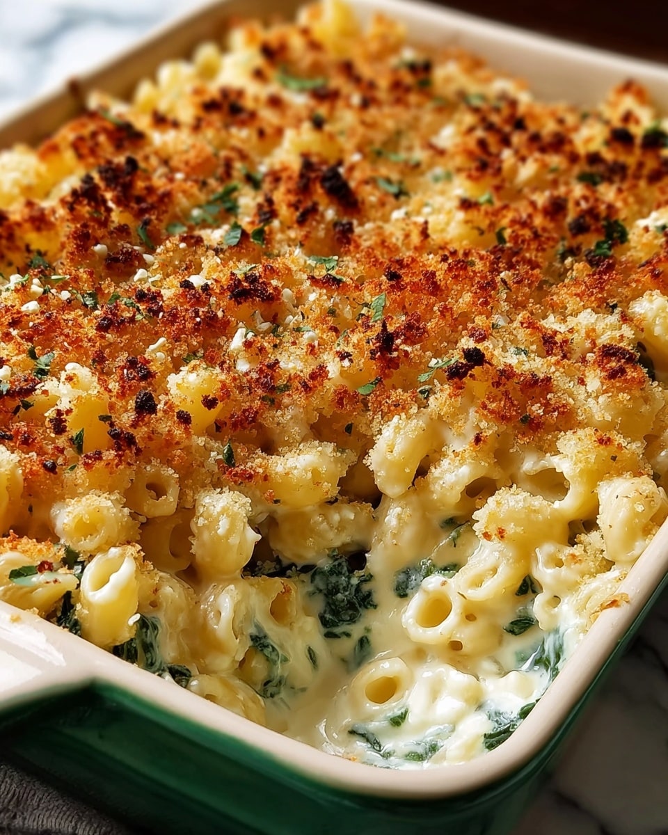 The dish shows a close-up of baked macaroni and cheese with wilted green spinach mixed in. The top layer has golden-brown toasted breadcrumbs, scattered with some darker, crisp spots for a crunchy texture. Beneath this crust, creamy melted cheese coats short curved pasta tubes, visible in a soft yellow color with some shine. The spinach adds a dark green touch among the pasta pieces. The food is inside a white rectangular baking dish. The dish is set on a white marbled texture. photo taken with an iphone --ar 4:5 --v 7