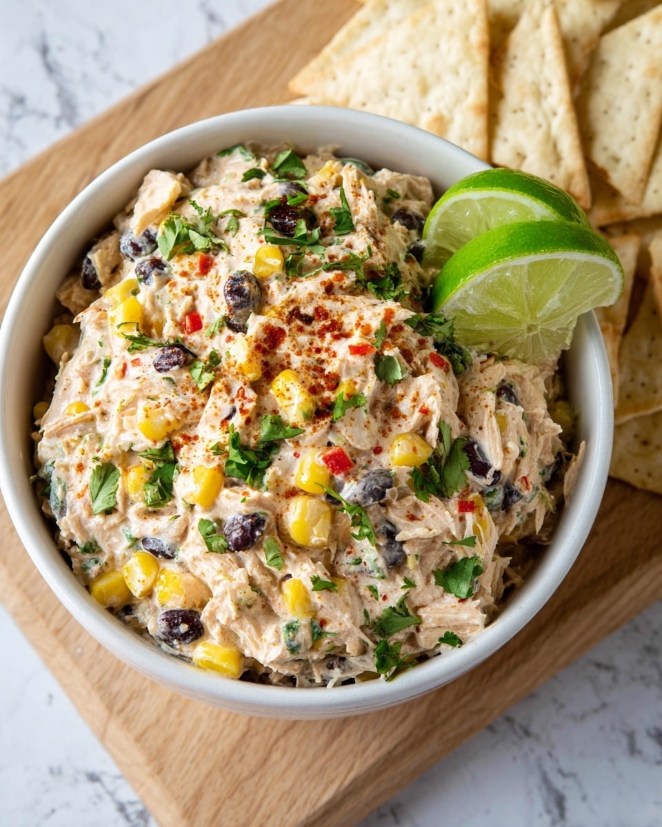 A white bowl filled with a creamy salad showing three main layers: shredded white chicken, bright yellow corn kernels, and dark black beans mixed together; the creamy texture holds all ingredients, with flecks of green cilantro leaves sprinkled on top and a light dusting of red spice. On the right side of the bowl sits a fresh green lime wedge. In the background, white toast slices are arranged on a wooden board. The bowl is placed on a white marbled surface. photo taken with an iphone --ar 4:5 --v 7