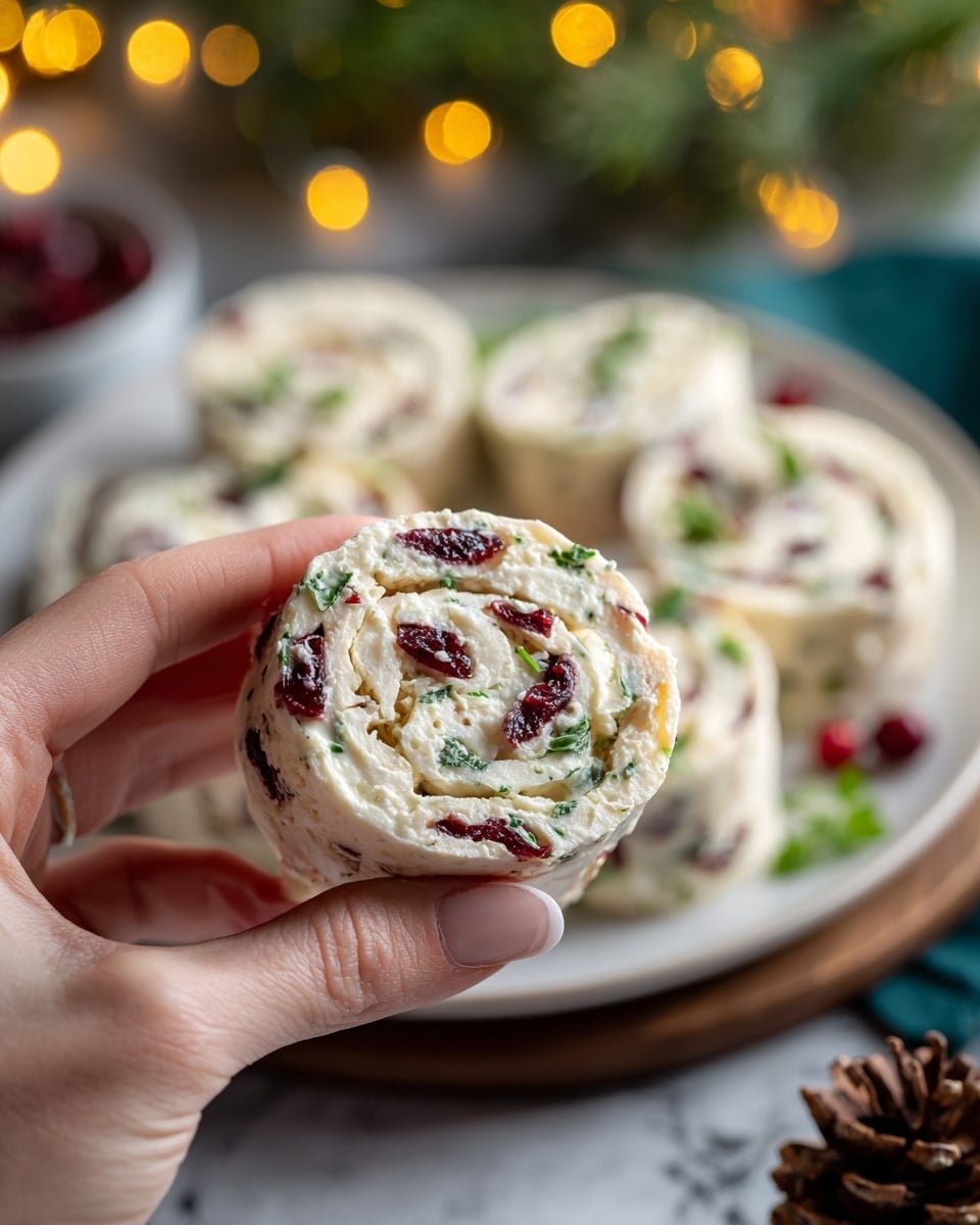 A close-up of a white creamy cheese roll sliced into a spiral shape, showing layers of smooth white cheese mixed with small pieces of red dried cranberries and green herbs, with a thin white wrap holding all the layers together, held between the thumb and forefinger of a woman's hand in the foreground. Behind it, several similar rolls are placed on a white plate with a few whole cranberries scattered around. The background has warm yellow bokeh lights and blurred green pine branches, with a brown wooden table and a pine cone at the bottom left corner. The scene is set on a white marbled surface. photo taken with an iphone --ar 4:5 --v 7