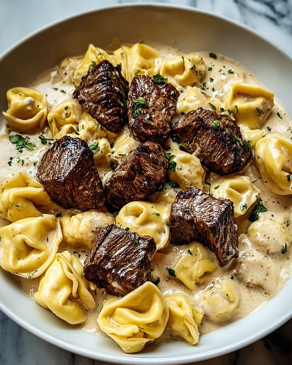 A white shallow bowl filled with a creamy light beige sauce base, scattered with rough black pepper and chopped green herbs. On top of the sauce, there are two main layers: plump, golden-yellow tortellini with a smooth texture, and seared, thick-cut pieces of dark brown steak with visible grill marks. The steak pieces are irregular in shape and size and sit nestled among the tortellini, all coated lightly with the sauce. The dish has a rich, glossy appearance that highlights the contrast between the creamy sauce, golden pasta, and brown steak. photo taken with an iphone --ar 4:5 --v 7