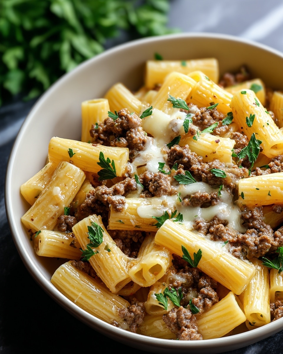A close-up view of a white bowl filled with three layers: the bottom layer is short tube-shaped rigatoni pasta in pale yellow, cooked and soft; the middle layer consists of browned ground beef scattered evenly; the top layer is melted white cheese with a smooth, gooey texture, sprinkled with small fresh green parsley pieces spread across the dish. The bowl sits on a white marbled surface and the photo is taken with an iphone --ar 4:5 --v 7