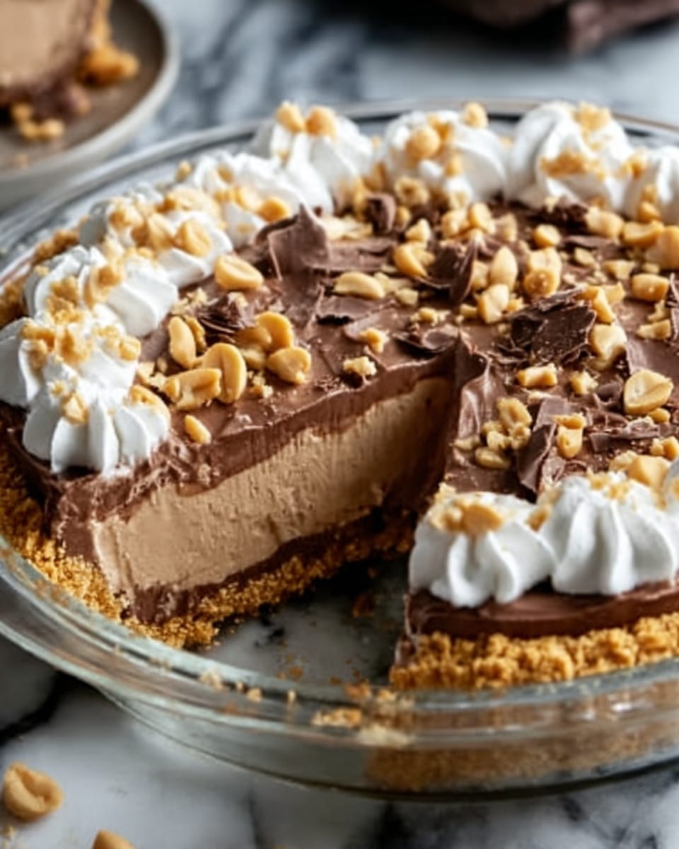 The image shows a clear glass pie dish filled with a layered chocolate cream pie. The bottom layer is a dark brown, crumbly crust. Above the crust is a thick layer of light brown chocolate cream. The top layer is decorated with swirls of white whipped cream around the edge. Scattered on top across the cream and chocolate are small, golden peanut pieces. A woman's hand is lifting one slice, showing the smooth texture of the cream. The dish is placed on a white marbled surface. photo taken with an iphone --ar 4:5 --v 7