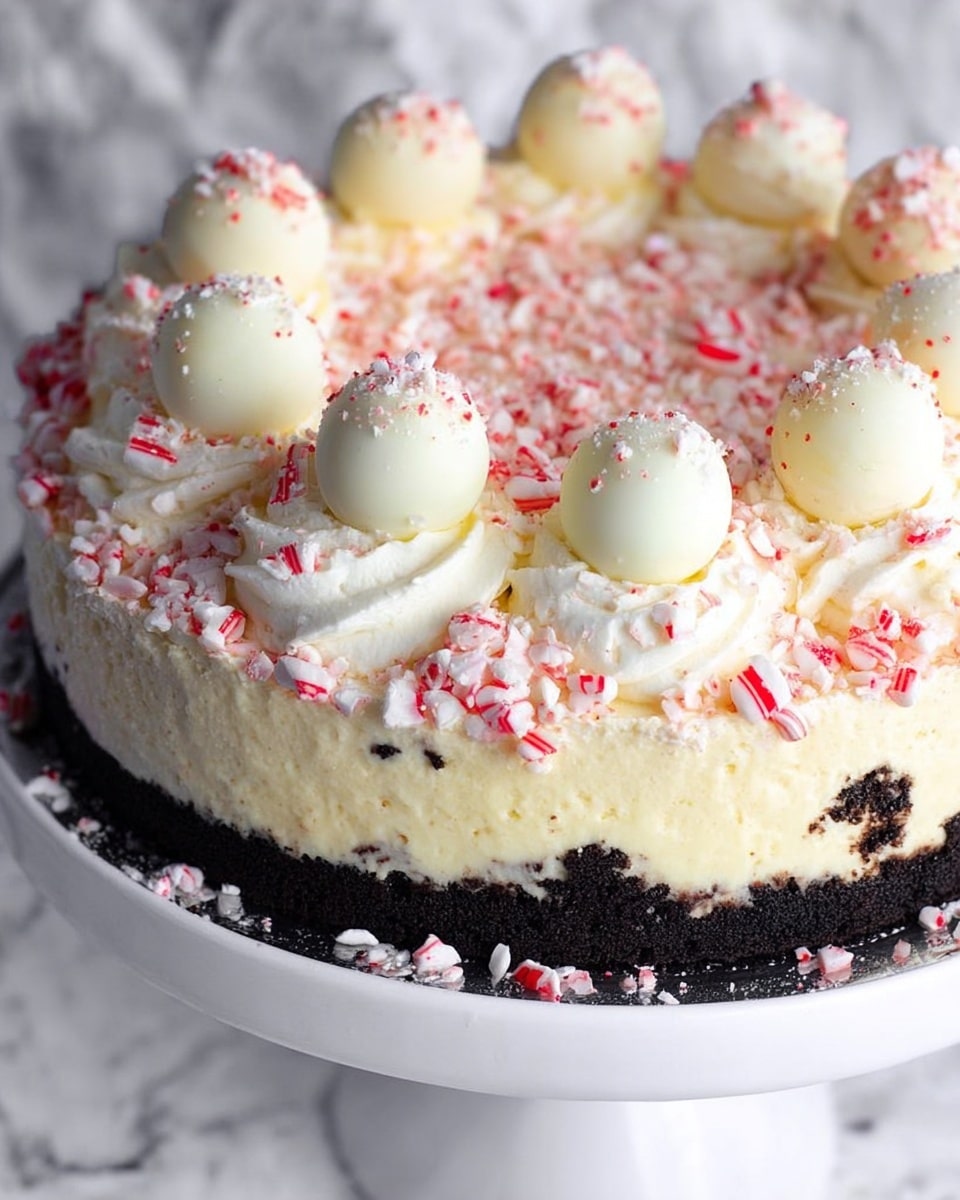A round cake with three visible layers sits on a white stand against a white marbled background. The bottom layer is dark brown and crumbly, resembling a chocolate cookie crust. The middle layer is creamy and light yellow with some red streaks near the bottom edge. The top layer is thick white whipped cream piped into swirls all around the top edge and sprinkled generously with crushed red and white peppermint candy. In the center of the cake, there are six smooth, round white chocolate balls with small red specks. The cake looks soft, creamy, and festive with a mix of smooth and crunchy textures. Photo taken with an iphone --ar 4:5 --v 7