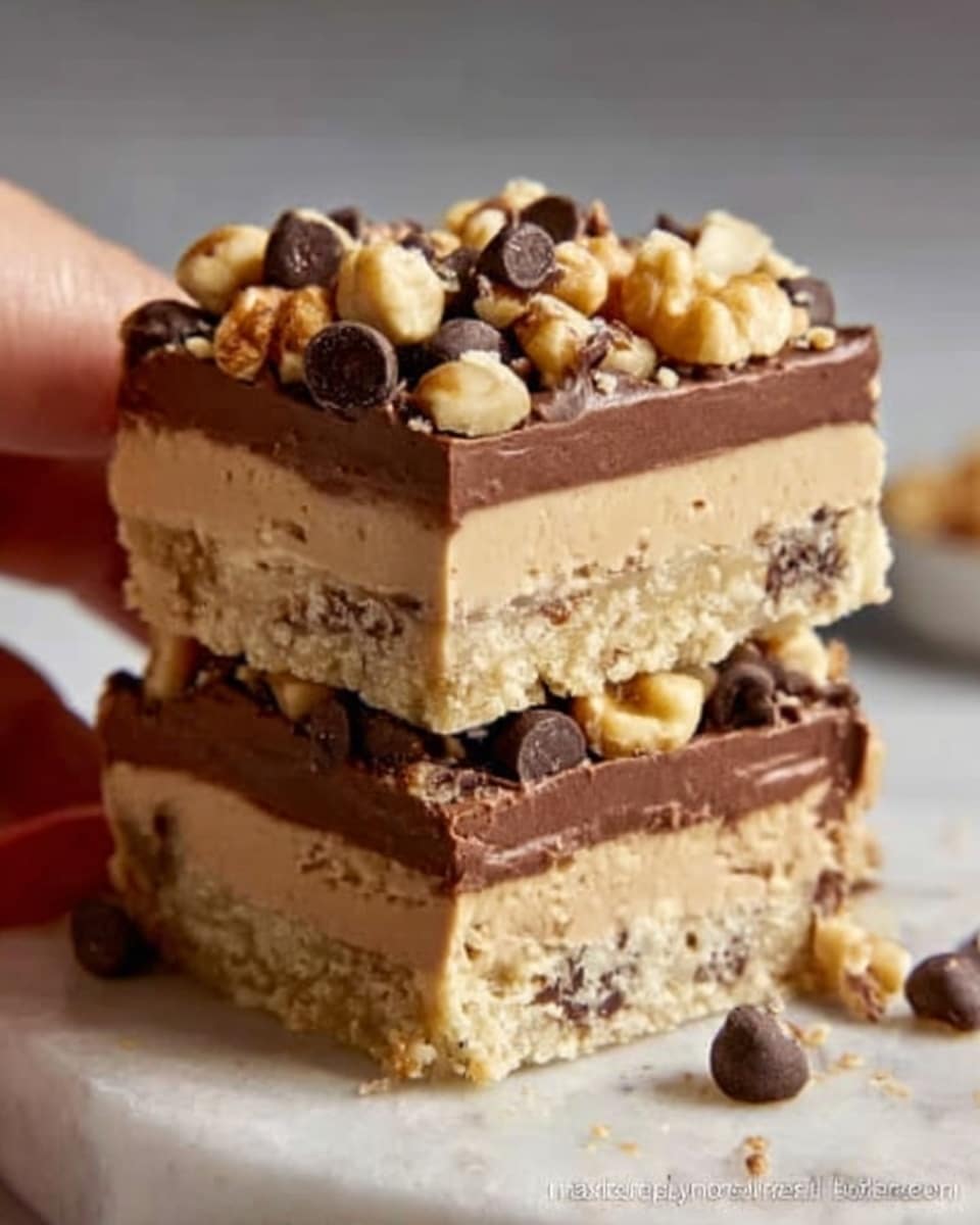 The image shows two thick square dessert bars stacked on a white plate, placed on a white marbled surface. The bottom layer is a light brown, crumbly cookie or blondie base with small dark chocolate chips scattered throughout. Above this is a smooth, light brown creamy layer, topped by a shiny, firm dark chocolate layer. On top, there are pieces of walnuts and large dark chocolate chips spread unevenly, adding texture and contrast. The edges of the bars are clean and sharp, showing the clear layers. Photo taken with an iphone --ar 4:5 --v 7