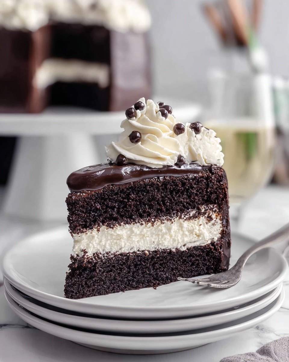 A slice of chocolate cake sits on a stack of two white plates on a white marbled surface. The cake has three layers: the bottom and top layers are rich dark brown chocolate cake, with a thick white cream layer in the middle. On top of the cake is a smooth dark chocolate ganache layer, crowned with a swirl of white whipped cream that has two small dark chocolate chips placed on it. The background is softly blurred, featuring a matching whole cake on a white cake stand and some out-of-focus items. Photo taken with an iphone --ar 4:5 --v 7