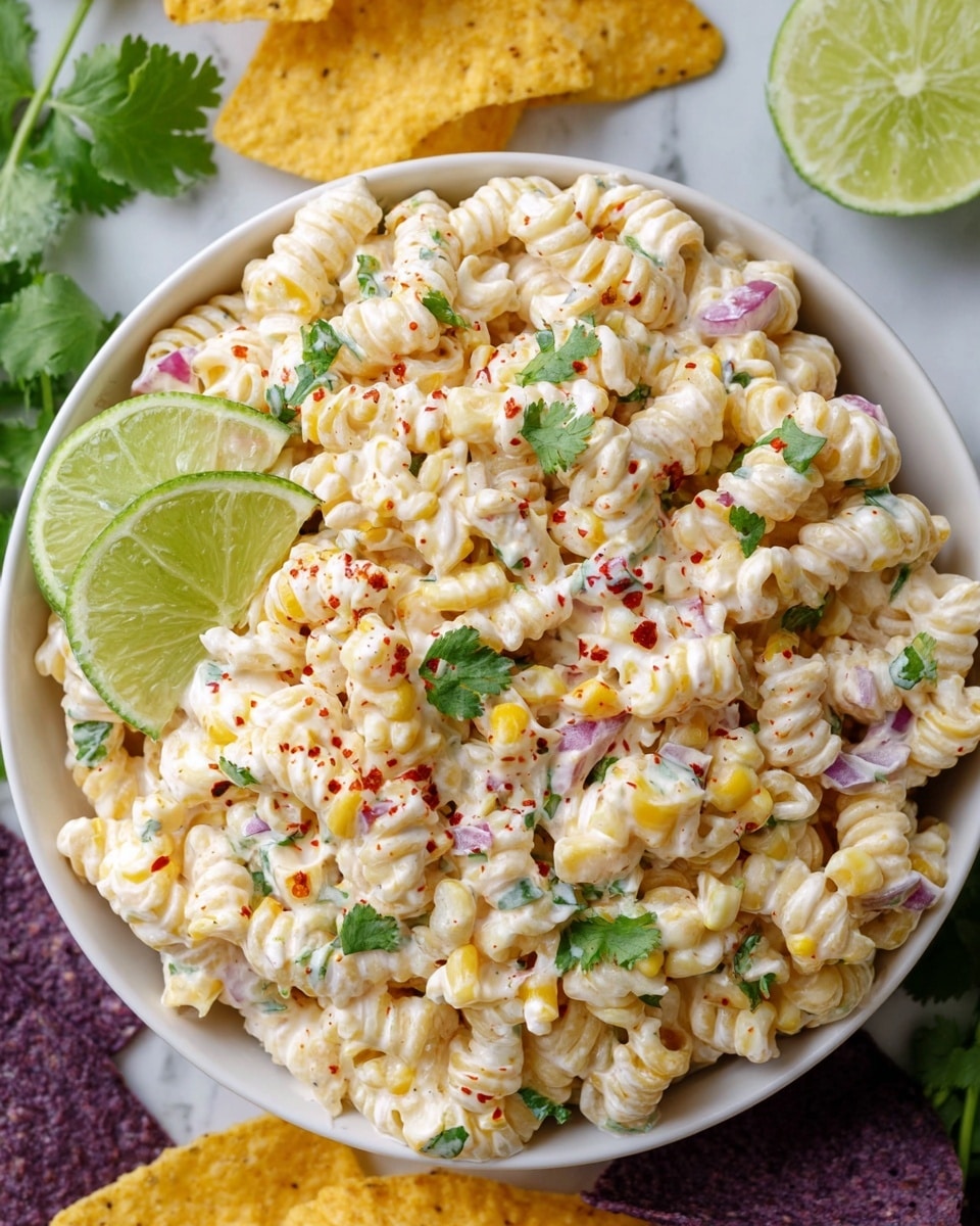 A close-up view of a creamy pasta salad served in a white bowl filled to the top with spiral pasta coated in a white, creamy sauce. Mixed throughout are yellow corn kernels, small pieces of purple onion, and chopped green herbs that add pops of color. The pasta is sprinkled with red chili flakes for a textured look. On one side of the bowl, three fresh lime wedges with bright green skin and pale green inside are placed. The bowl is set on a white marbled surface with some yellow and purple tortilla chips and green cilantro leaves scattered around the bowl. Photo taken with an iphone --ar 4:5 --v 7