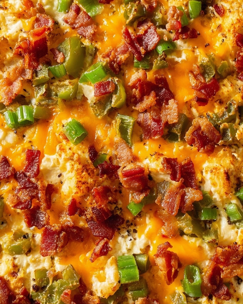 This dish shows a close-up of a cooked egg bake with three main visible layers: a soft, slightly browned white egg base, a thick, melted golden-yellow cheese layer covering much of the surface, and scattered pieces of crispy reddish-brown bacon and chopped green jalapeño peppers evenly spread on top. The textures include creamy eggs with puffy ridges, gooey cheese that bonds the ingredients, and slightly wrinkled, shiny jalapeños with a crispy bacon crunch. The colors blend warm orange, pale white, deep green, and reddish brown, creating a vibrant mix. Photo taken with an iphone --ar 4:5 --v 7