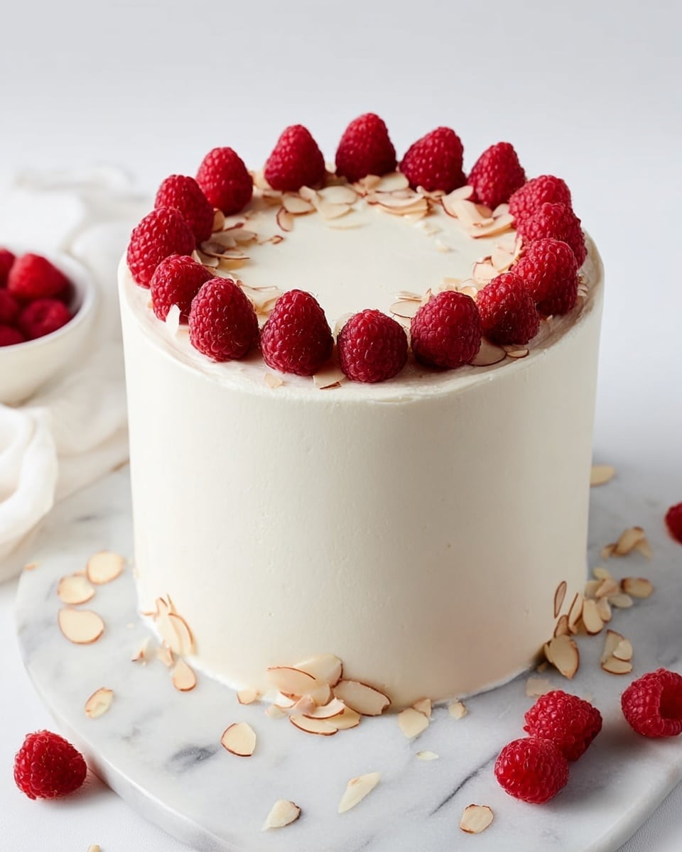 A tall round cake covered in smooth white cream fills the image, placed on a white marbled round board. The top of the cake is decorated with a single ring of bright red raspberries, each raspberry plump and textured, spaced evenly and mixed with thin, light tan almond slices. Around the base, loose raspberries and scattered almond slices sit on the white marbled surface, adding a natural touch. The background is clean and bright with some stacked white plates and a small white bowl filled with more raspberries visible in soft focus. photo taken with an iphone --ar 4:5 --v 7
