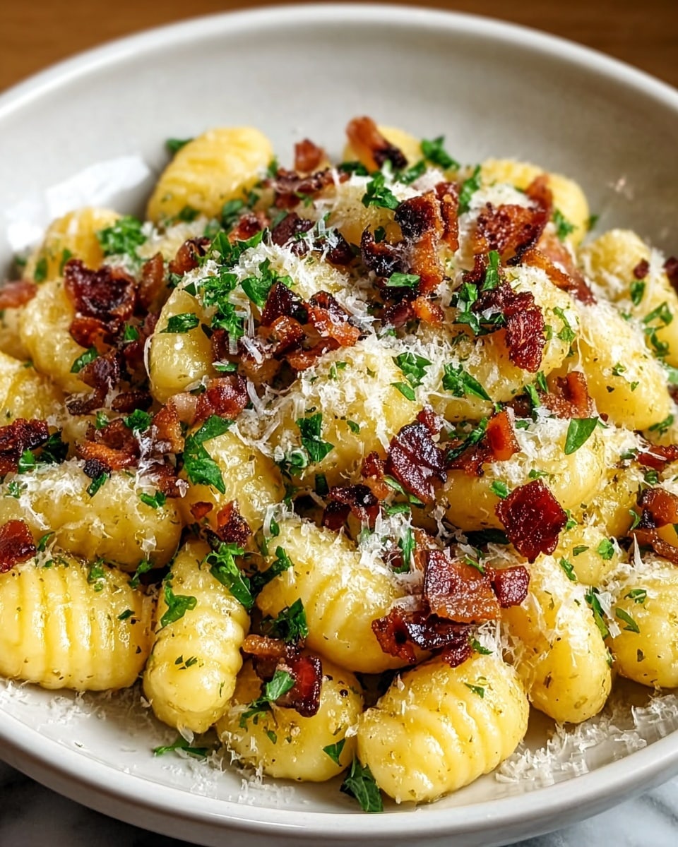 The dish is served in a white bowl filled with plump, pale yellow gnocchi pieces that have a smooth, slightly shiny texture. Scattered throughout and on top are small crispy dark brown bacon bits adding a crunchy layer. The dish is topped with a generous sprinkling of finely grated white cheese and small pieces of fresh green herbs, creating a fresh contrast. The gnocchi show tiny flecks of black pepper and the overall look is warm and inviting with a mix of soft, creamy, and crispy textures. Photo taken with an iphone --ar 4:5 --v 7