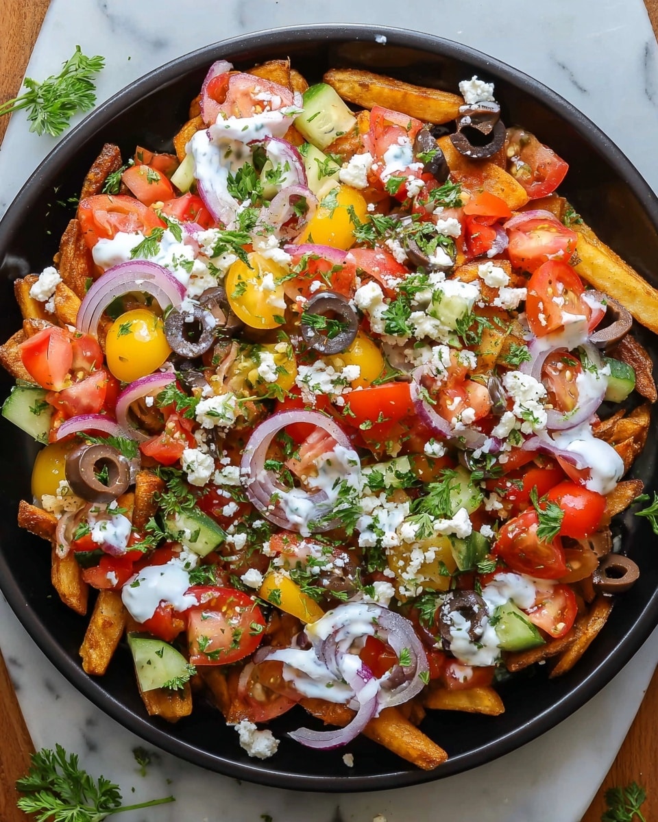 A round black plate holds a colorful layered dish starting with a base of golden-brown seasoned potato wedges. On top are three layers of fresh vegetable pieces: bright red bell pepper chunks, pale green cucumber slices cut into triangles, and small red tomato cubes. Thin, translucent rings of purple onion are scattered evenly across the dish, along with round black olive slices. White dollops of sour cream or yogurt are placed in several spots over the top, with bits of crumbled white cheese scattered throughout. Fresh green parsley and dill sprigs sit on top as a final garnish. The plate rests on a white marbled surface. photo taken with an iphone --ar 4:5 --v 7
