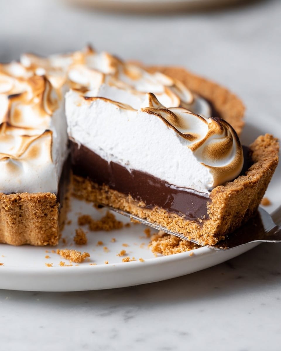 A close-up image of a pie on a white plate with a white marbled surface underneath. The pie has three layers: the bottom is a thick, crumbly, light brown crust, the middle layer is a smooth, dark chocolate filling, and the top layer consists of fluffy, white toasted meringue with golden brown swirls. The pie has a slice cut and lifted slightly with a pie server, showing the distinct layers clearly. There are some crumbs on the plate near the cut slice. Photo taken with an iphone --ar 4:5 --v 7