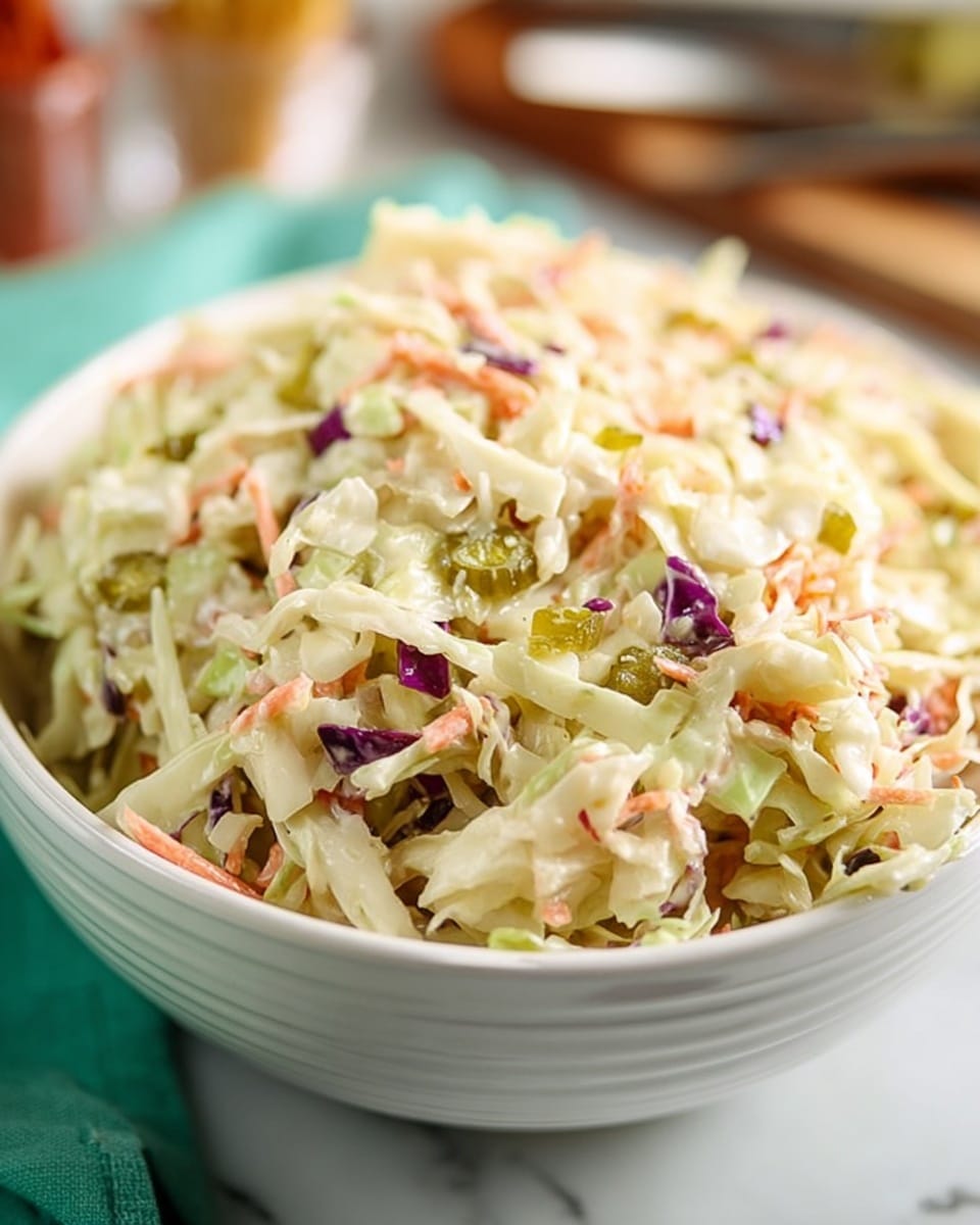 A close-up view of a bowl filled with coleslaw salad, showing a mix of finely shredded white cabbage, thin orange carrot strips, and small pieces of green pickles evenly spread throughout. The salad is creamy with a light yellowish mayonnaise layer coating the vegetables, giving it a moist texture. The bowl is white and the coleslaw is heaped high in it, the background is a white marbled texture with a soft focus on nearby objects. photo taken with an iphone --ar 4:5 --v 7
