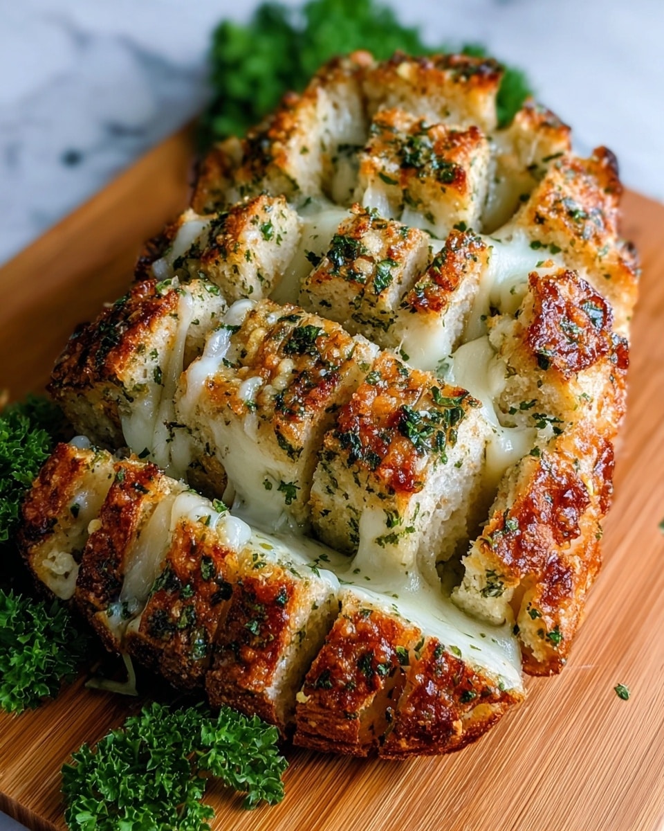 The image shows a sliced cheese pull-apart bread on a white plate with a white marbled textured background. The bread has multiple layers: a golden-brown crispy crust on top, a middle layer of melted white cheese oozing out, and a soft, slightly textured bread base mixed with green herbs throughout. The top crust has extra browned, crispy cheese spots with finely chopped parsley sprinkled over all the layers. A small bunch of fresh parsley is placed next to the bread on the white plate. Photo taken with an iphone --ar 4:5 --v 7