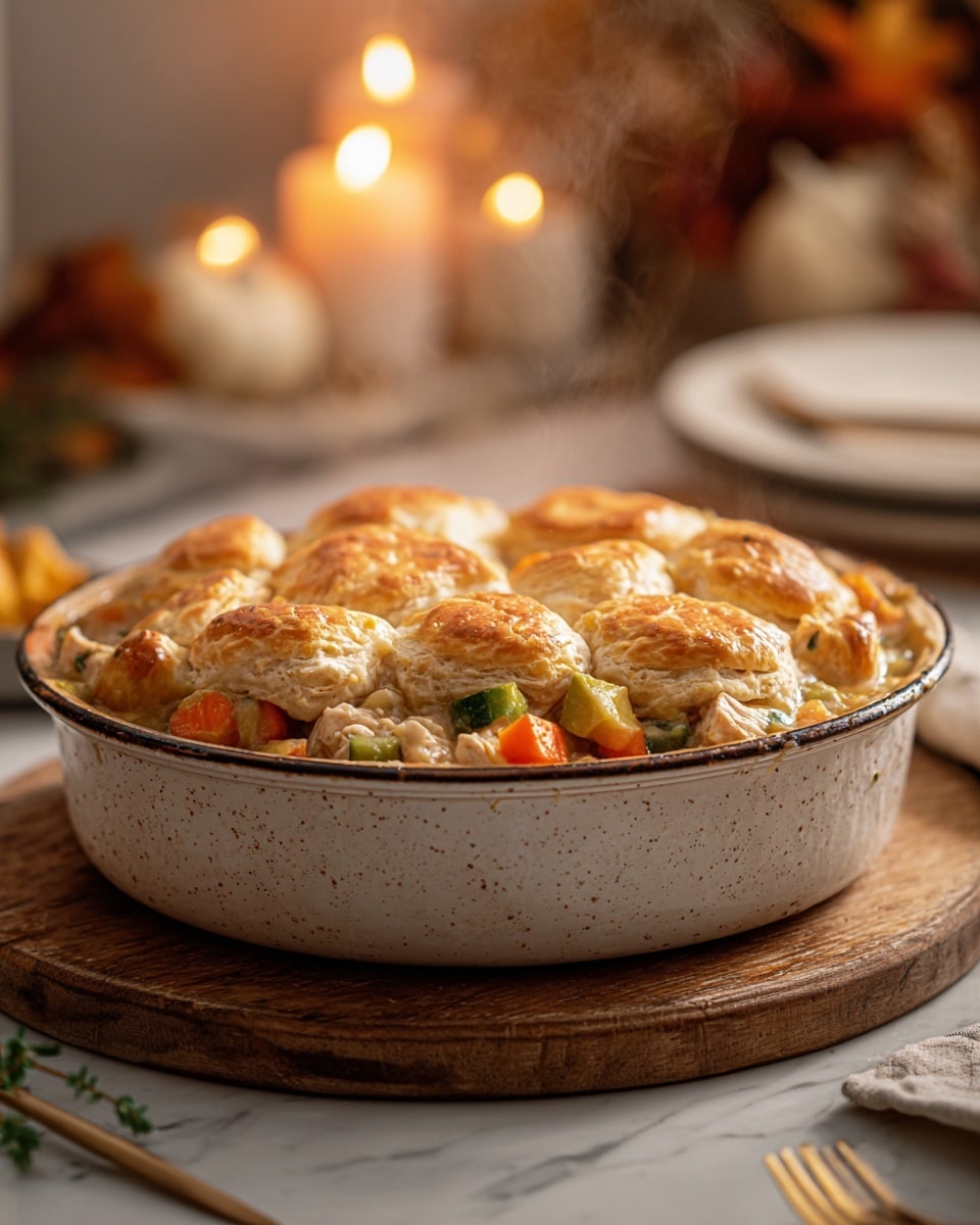 A close-up of a round, deep baking dish filled with a steaming chicken pot pie that has a golden-brown, puffed crust on top with uneven, raised sections. Beneath the crust, visible bits of tender chicken chunks, orange carrot pieces, green zucchini slices, and yellow vegetables peek out, showing a colorful, hearty filling. The dish sits on a rustic wooden board on a white marbled surface, with a soft candlelight glow and blurred background items creating a warm, cozy scene. photo taken with an iphone --ar 4:5 --v 7