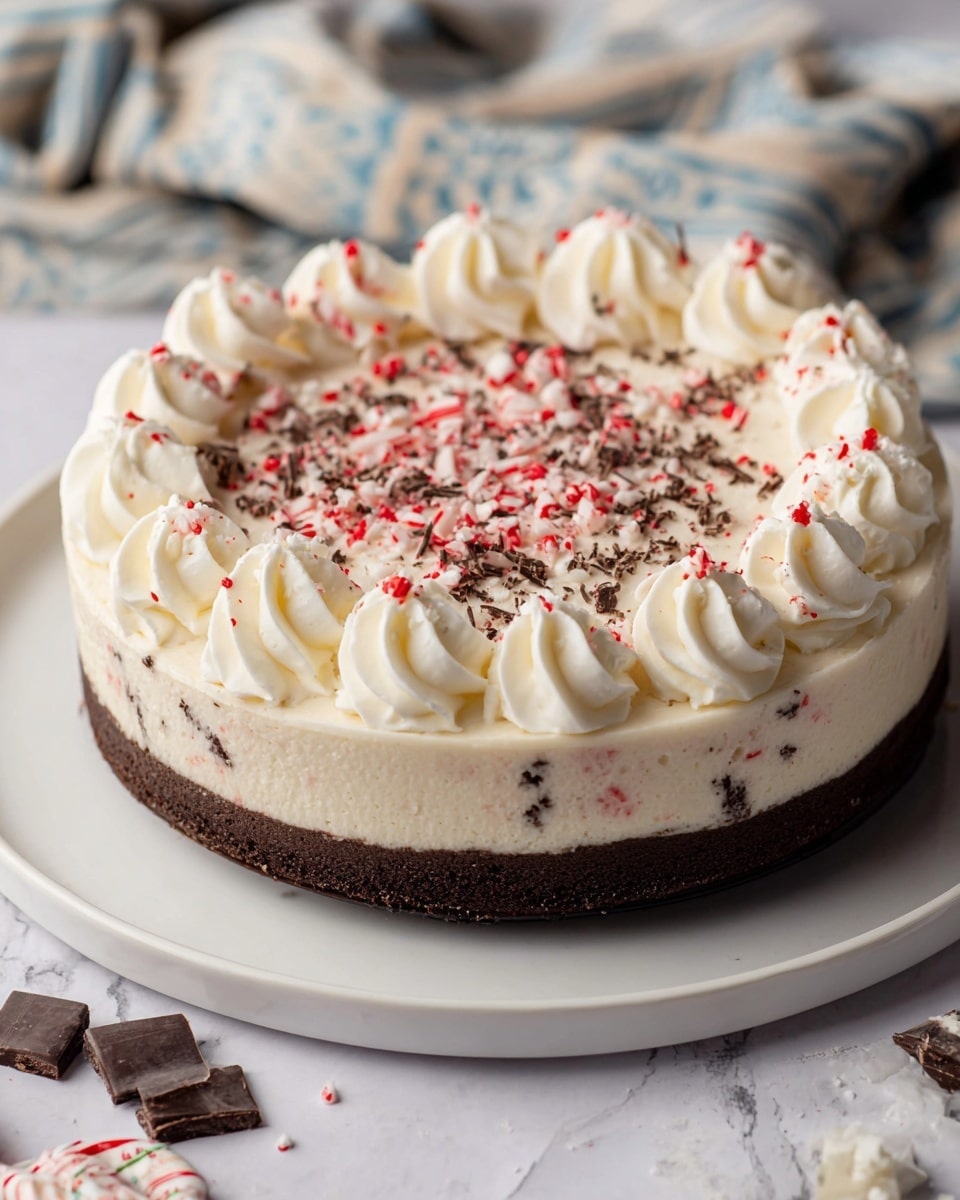 A round cake with three visible layers sits on a white plate on a white marbled surface. The bottom layer is dark brown and dense, likely a chocolate crust. The middle layer is creamy off-white with tiny dark specks inside, indicating a rich filling. The top layer is a smooth white cream, sprinkled generously with small red pepper candy bits and chocolate shreds. Around the edge of the cake, there are 12 evenly spaced, tall swirls of white whipped cream, adding texture and height. The background includes a blurred cloth in blue, beige, and white colors, with bits of chocolate and peppermint candy near the plate. photo taken with an iphone --ar 4:5 --v 7