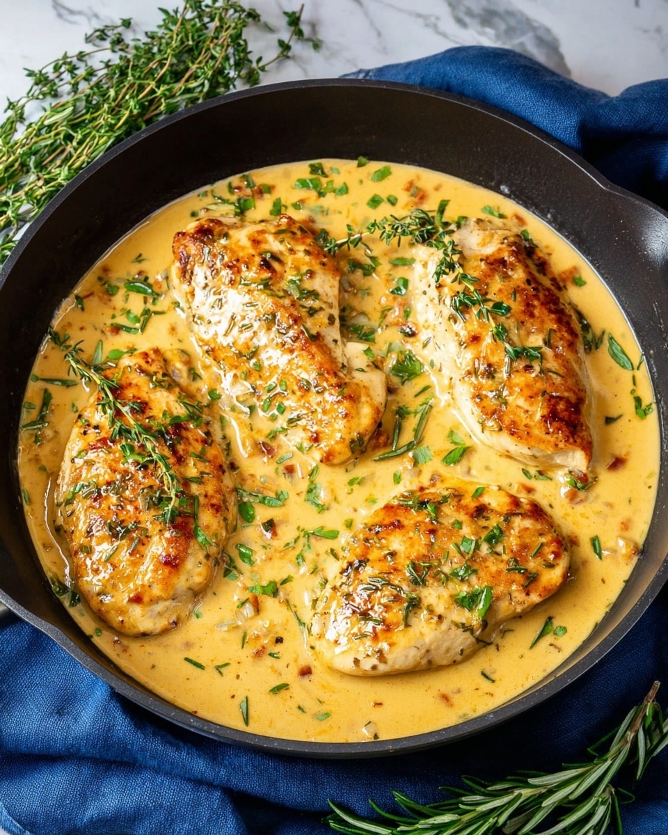 A close-up view of four golden brown cooked chicken breasts sitting in a creamy, light yellow sauce with bits of herbs and spices throughout. The chicken pieces are arranged in a black cast iron skillet, with some finely chopped green herbs sprinkled on top, adding fresh color contrast. The skillet rests on a blue cloth napkin with sprigs of fresh rosemary and thyme around it, all placed on a white marbled surface. The creamy sauce looks smooth with visible seasoning, wrapping around the chicken in gentle waves. Photo taken with an iphone --ar 4:5 --v 7