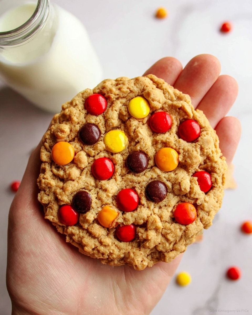 A close-up of a large round cookie held in a woman's hand, with a rough, golden-brown surface that looks soft and chewy. The cookie is studded with bright red and yellow candy-coated chocolates scattered evenly on the top and sides, with one dark chocolate piece near the bottom edge. In the background, there is a white marbled texture and a glass of white milk, partially visible. photo taken with an iphone --ar 4:5 --v 7