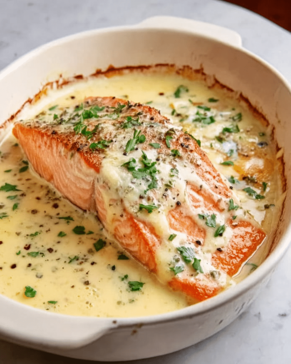 A close-up image of a white oval baking dish containing a large piece of cooked salmon. The salmon is topped with a creamy white sauce dotted with green herbs and black pepper flakes. The sauce spreads around the fish, pooling slightly in the dish. The edges of the salmon show a slightly browned, crispy texture, contrasting with the soft, flaky pink-orange flesh beneath. The dish is placed on a white marbled surface. photo taken with an iphone --ar 4:5 --v 7