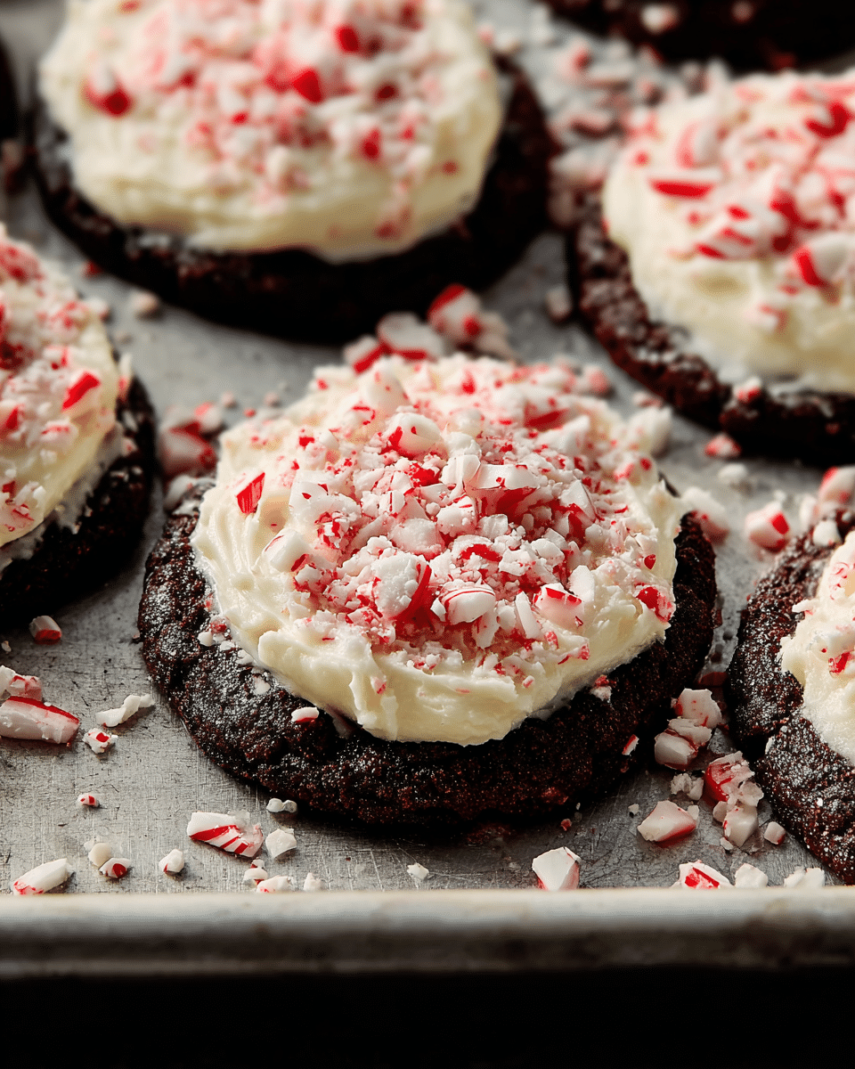 The image shows a close-up of a dark brown cookie with a thick layer of creamy white frosting spread on top. The frosting is textured with swirls and covers the cookie evenly. On top of the frosting, there is a generous sprinkle of crushed red and white peppermint candy pieces, adding a pop of color and a rough texture to the smooth frosting. The cookies are placed on a dark baking tray with scattered bits of crushed peppermint around them. A white marbled textured background is partially visible. Photo taken with an iphone --ar 4:5 --v 7
