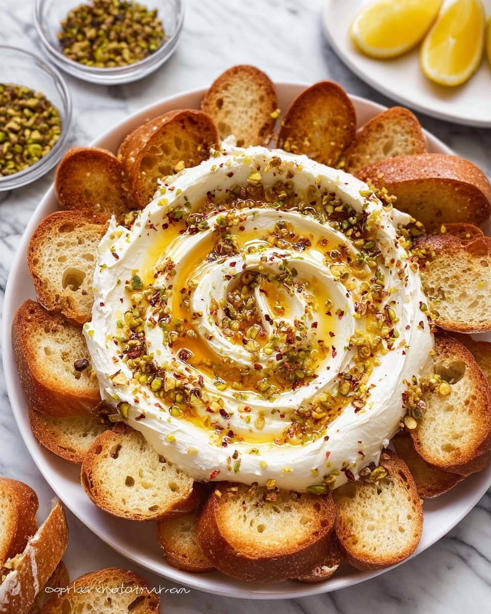 A white plate holds a swirl of creamy white dip topped with a glossy amber-colored honey drizzle and sprinkled with crushed pistachios and red pepper flakes, creating a textured and colorful center. Around the dip, there are two layers of toasted baguette slices arranged closely, golden-brown with a crispy texture and visible air pockets. To the side, a white marbled surface shows a small glass bowl of chopped pistachios, a small glass bowl with red pepper flakes, and a white plate with a halved lemon with a bright yellow color. photo taken with an iphone --ar 4:5 --v 7