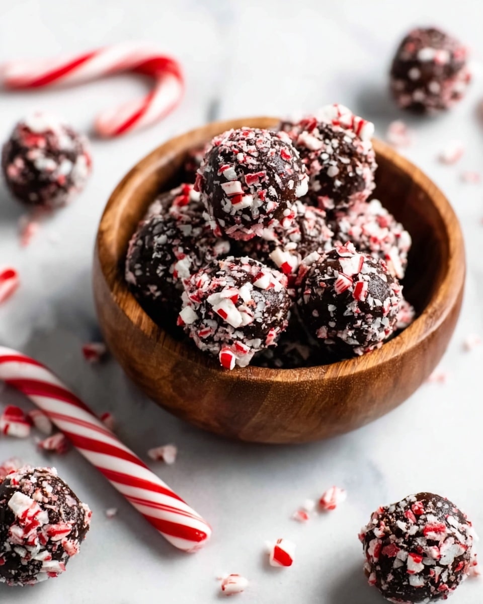 A small wooden bowl filled with round chocolate balls coated in crushed white and red candy cane pieces, giving them a festive look. The chocolate balls are dark brown with a rough texture from the candy coating, and some crushed candy pieces are scattered around the bowl on a white marbled surface. Two whole candy canes lie beside the bowl, adding a bright red and white striped pattern to the scene. The image captures a cozy and festive treat setting. photo taken with an iphone --ar 4:5 --v 7