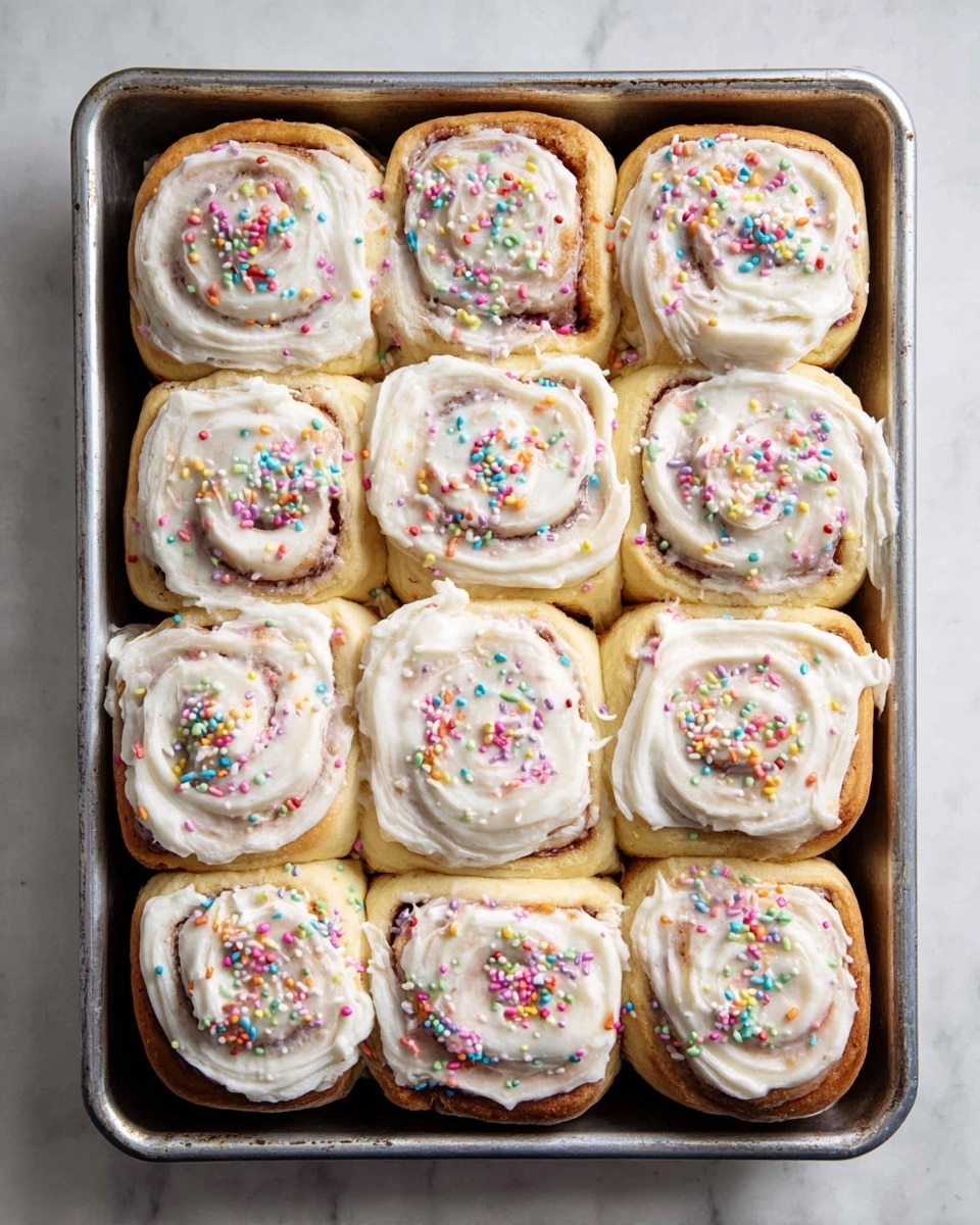 A metal tray holds twelve square cinnamon rolls arranged in a 4 by 3 grid on a white marbled surface. Each cinnamon roll has one visible layer of golden-brown dough spiraled tightly with a light brown cinnamon filling swirled inside. The top of every roll is covered with a thick layer of creamy white icing that is smooth but slightly uneven. Bright, round confetti sprinkles in various pastel colors—pink, yellow, green, purple, blue, and orange—are scattered evenly over the icing, adding a playful touch. photo taken with an iphone --ar 4:5 --v 7