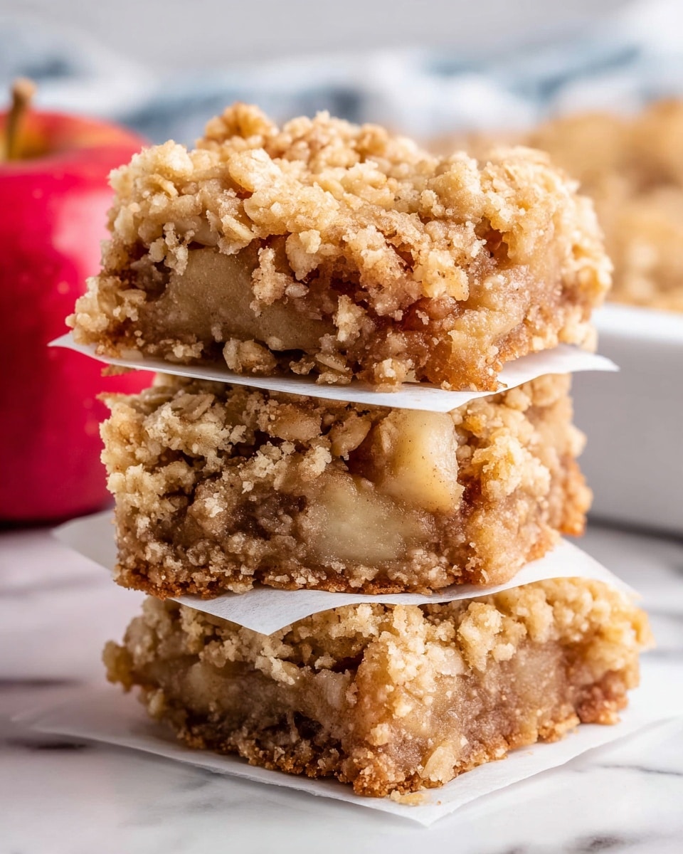 A close-up view of a stack of three crumbly apple oat bars separated by white parchment paper. Each bar has a thick golden-brown topping with a rough texture made of oats and crumbs, with soft light yellow apple chunks visible inside. The bars look moist and dense, with a mix of crumbly oat pieces on top and soft fruity filling inside. The stack sits on a white marbled surface, with blurred red apples and a striped cloth in the background. photo taken with an iphone --ar 4:5 --v 7