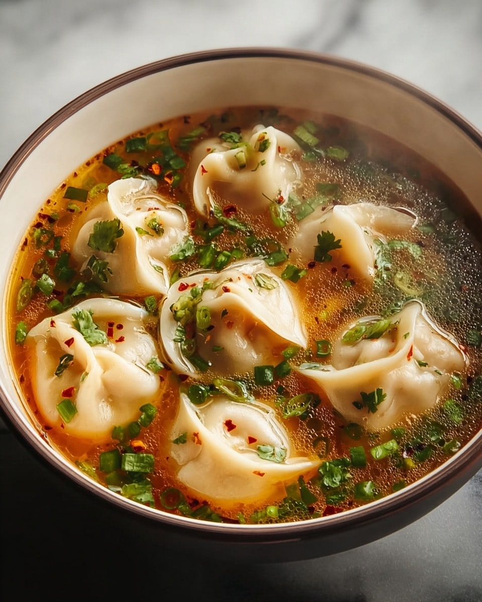 A close-up view of a black bowl with a brown rim filled with seven plump, light beige dumplings floating in a golden-brown broth. The broth has a slight oily shine and is sprinkled with chopped green onions and fresh green herbs, adding bursts of color. Steam rises gently from the bowl, giving a warm and fresh feel. The background is a white marbled texture. photo taken with an iphone --ar 4:5 --v 7