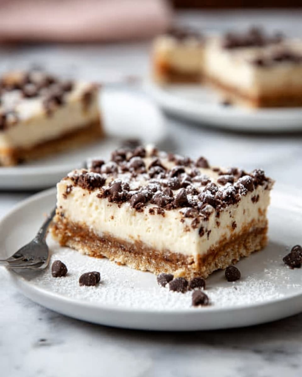 A rectangular slice of cheesecake bar is placed on a white plate with a fork resting behind it. The bottom layer is a crumbly, light brown crust. Above this is a thick, creamy off-white cheesecake layer. The top layer is sprinkled with small, dark chocolate chips and a light dusting of powdered sugar. A few chocolate chips are scattered on the plate beside the slice. The plate sits on a white marbled texture surface with blurred cheesecake bars visible in the background. photo taken with an iphone --ar 4:5 --v 7