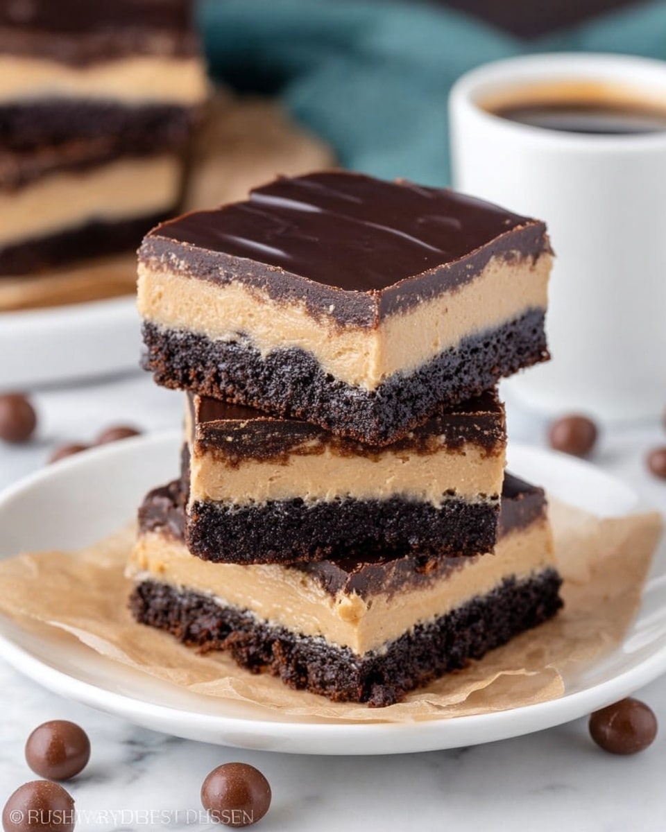 The image shows three square layered dessert bars stacked on a white plate with a paper doily. Each bar has three distinct layers: a bottom dark brown, rich chocolate brownie layer with a dense and moist texture; a middle creamy peanut butter layer in a light tan color that looks smooth and thick; and a top dark chocolate layer that is glossy and slightly rippled. The stack is placed on a white marbled surface with some blurred chocolate-coated coffee beans and a cup of coffee in the background. photo taken with an iphone --ar 4:5 --v 7
