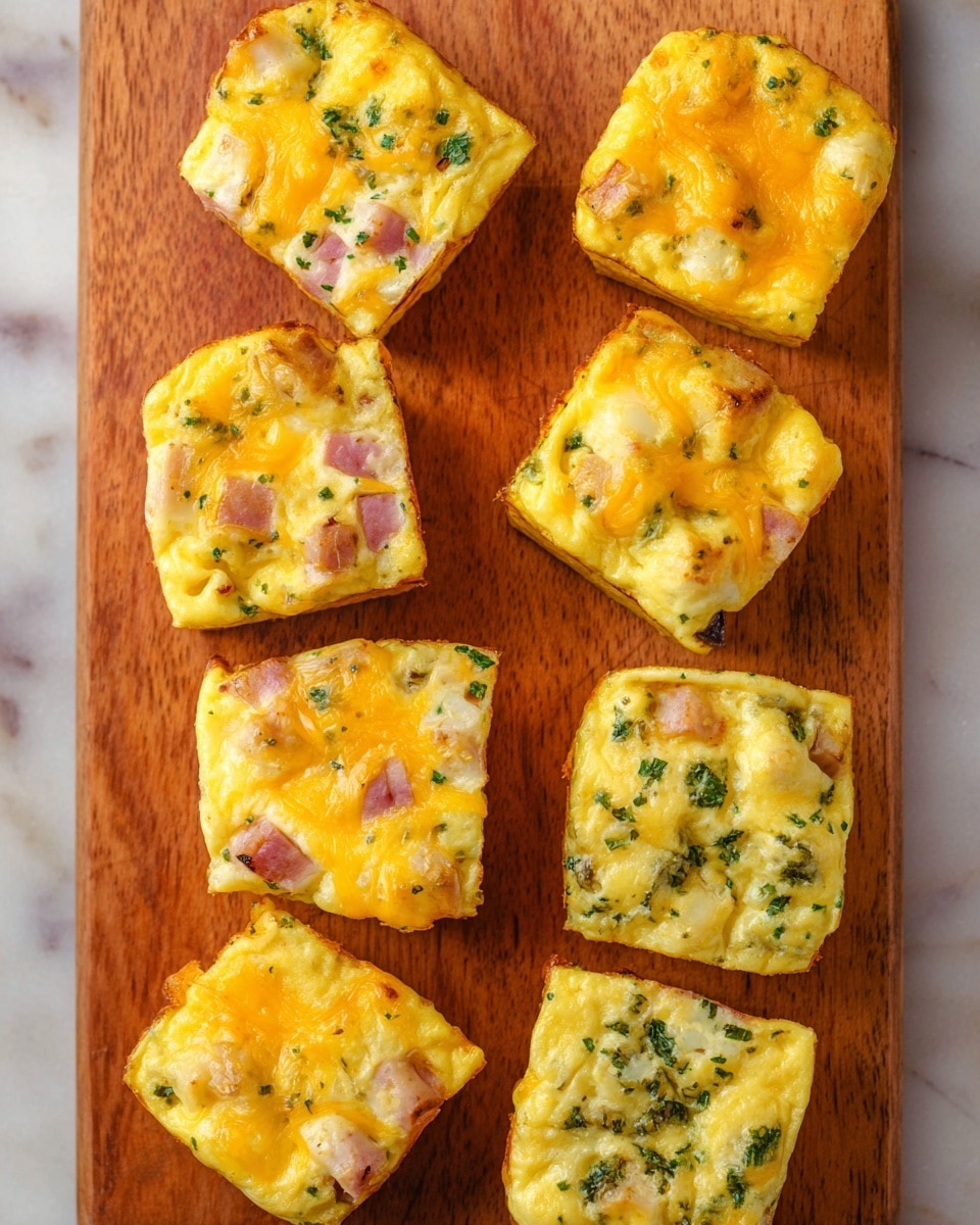 Nine small square egg muffins are arranged on a wooden board set on a white marbled surface. Each muffin has a golden yellow top layer of melted cheese mixed with chopped green herbs, giving a textured, slightly rough look. Beneath the cheese, the egg base is light yellow with visible small pieces of cooked meat and herbs scattered inside, creating a speckled pattern through the sides. The muffins have a fluffy, soft texture with slightly browned edges. One muffin in the center is slightly separated, showing its square shape and thickness clearly. Photo taken with an iphone --ar 4:5 --v 7