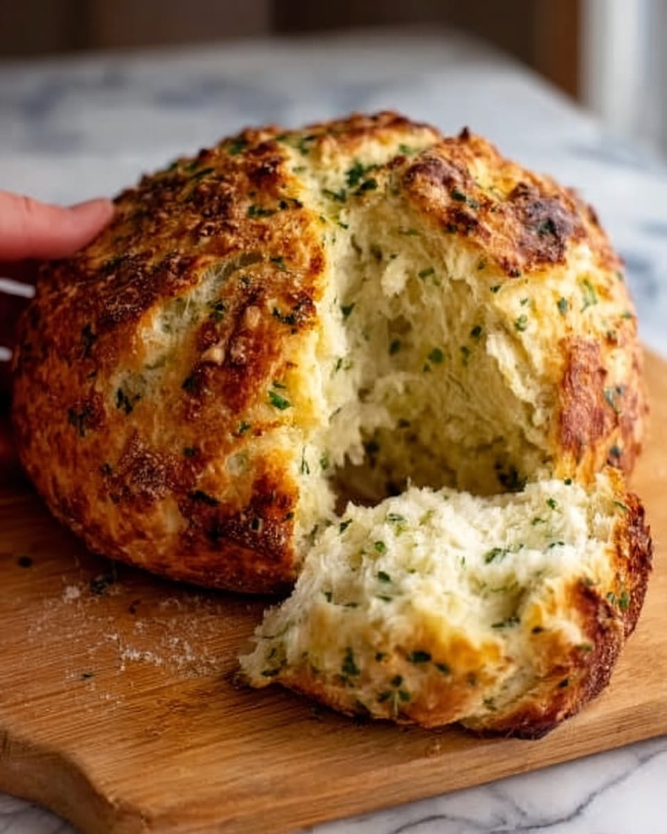 The image shows a round loaf of bread with a golden brown crust, textured with small cracks and sprinkled with green herbs on top. The loaf is partially torn open to reveal a soft, white inside with visible green herb pieces mixed throughout. The bread sits on a wooden surface with the background in soft focus. photo taken with an iphone --ar 4:5 --v 7