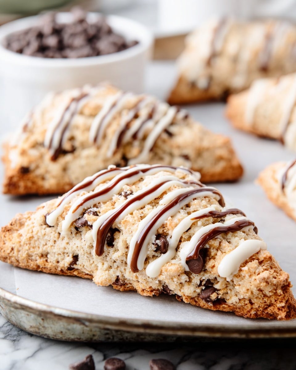 The image shows a close-up of a triangular scone with a crumbly light brown texture, placed on a metal baking tray. The scone has two types of drizzle on top: one is a thick, shiny dark brown chocolate drizzle, and the other is a creamy, white icing. The chocolate drizzle forms thin, wavy lines across the scone, while the white icing is dripped in irregular patterns, creating a contrast in color and texture. In the background, there is a white bowl filled with dark brown chocolate chips, and a light brown cloth napkin is partially visible on the right side, all set on a white marbled surface. Photo taken with an iphone --ar 4:5 --v 7