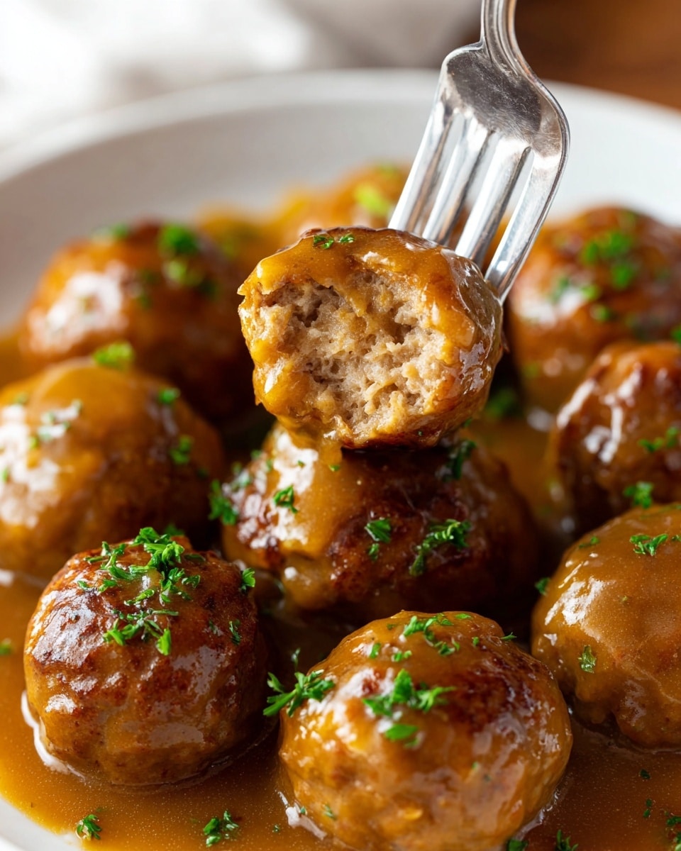 A close-up of round meatballs covered in a thick, glossy brown gravy with small bits of green herbs sprinkled on top, one meatball is pierced by a shiny silver fork and shows a tender, light brown crumb inside, the meatballs sit closely together in a white bowl with the rich sauce pooling around them, the background features a soft, out-of-focus white marbled texture that highlights the warm, golden tones of the meatballs. photo taken with an iphone --ar 4:5 --v 7