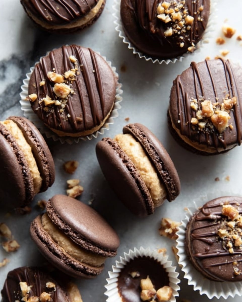 The image shows several chocolate macarons arranged on a white marbled surface, some whole and some partially eaten. Each macaron has two smooth, dark brown chocolate shells with a creamy chocolate filling in between, making two layers visible. The top shells are drizzled with thin lines of darker chocolate and sprinkled with small crushed nuts, adding texture and color contrast. Empty chocolate brown paper cups surround the macarons, some holding the macarons, others empty or with bitten pieces inside. Photo taken with an iphone --ar 4:5 --v 7