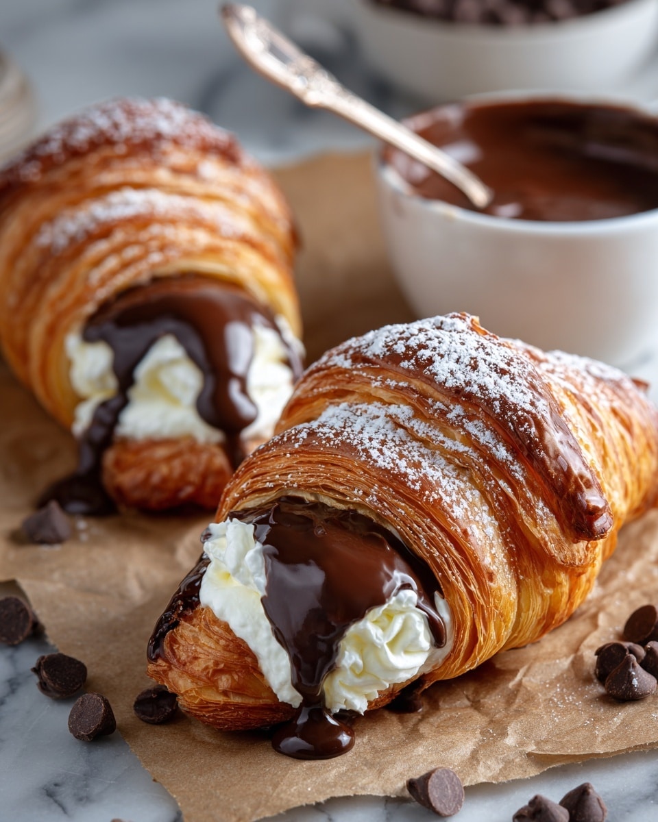 Two golden brown croissants with many flaky layers sit on crumpled brown parchment paper on a dark surface. Each croissant is filled with a thick white cream at the center, topped with a rich, glossy dark chocolate sauce that is dripping slightly down the sides. Around the pastries are scattered small dark chocolate chips. In the background, there is a white cup filled with more dark chocolate sauce and a spoon resting inside it, all set against a soft, blurred white marbled texture. The croissants have a light dusting of powdered sugar on top. photo taken with an iphone --ar 4:5 --v 7