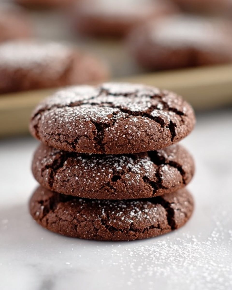 A close-up view of a stack of three dark brown chocolate cookies with cracked and slightly rough texture, lightly dusted with fine white powdered sugar on top. The cookies show a soft and chewy look with small cracks revealing the inner texture. They rest on a piece of white paper with a blurred baking tray holding more cookies in the background, all set on a white marbled surface. Photo taken with an iphone --ar 4:5 --v 7