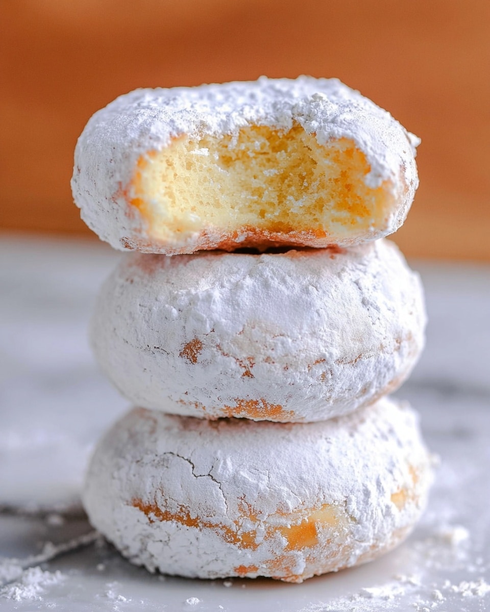 A stack of three round powdered sugar donuts sits on a white marbled surface, with the top donut showing a large bite taken out of it, revealing a soft, fluffy, golden-yellow inside. Each donut is coated in a thick layer of white powder, making the outer texture look powdery and slightly cracked. The donuts are piled one on top of the other, with the bottom two appearing fully intact and the top donut slightly tilted to show the bitten area clearly. The soft interior contrasts with the white powder skin, and some powdered sugar is scattered around the base of the stack. photo taken with an iphone --ar 4:5 --v 7